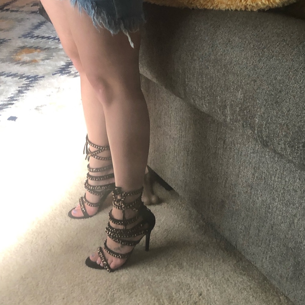 Black gold plated strappy heel